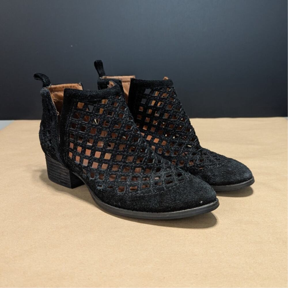 Jeffrey Campbell Taggart Suede Ankle Booties Black Leather Boots Heeled Slip On